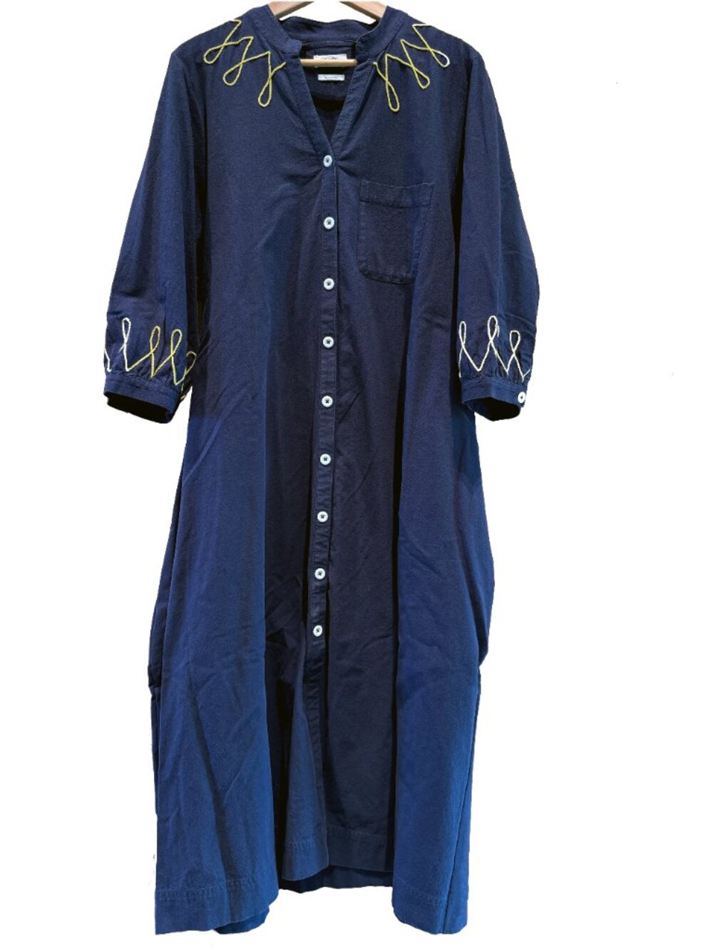 Toast Linen Shirt Dress with embroidery, Size XL, dark blue with gold stitching